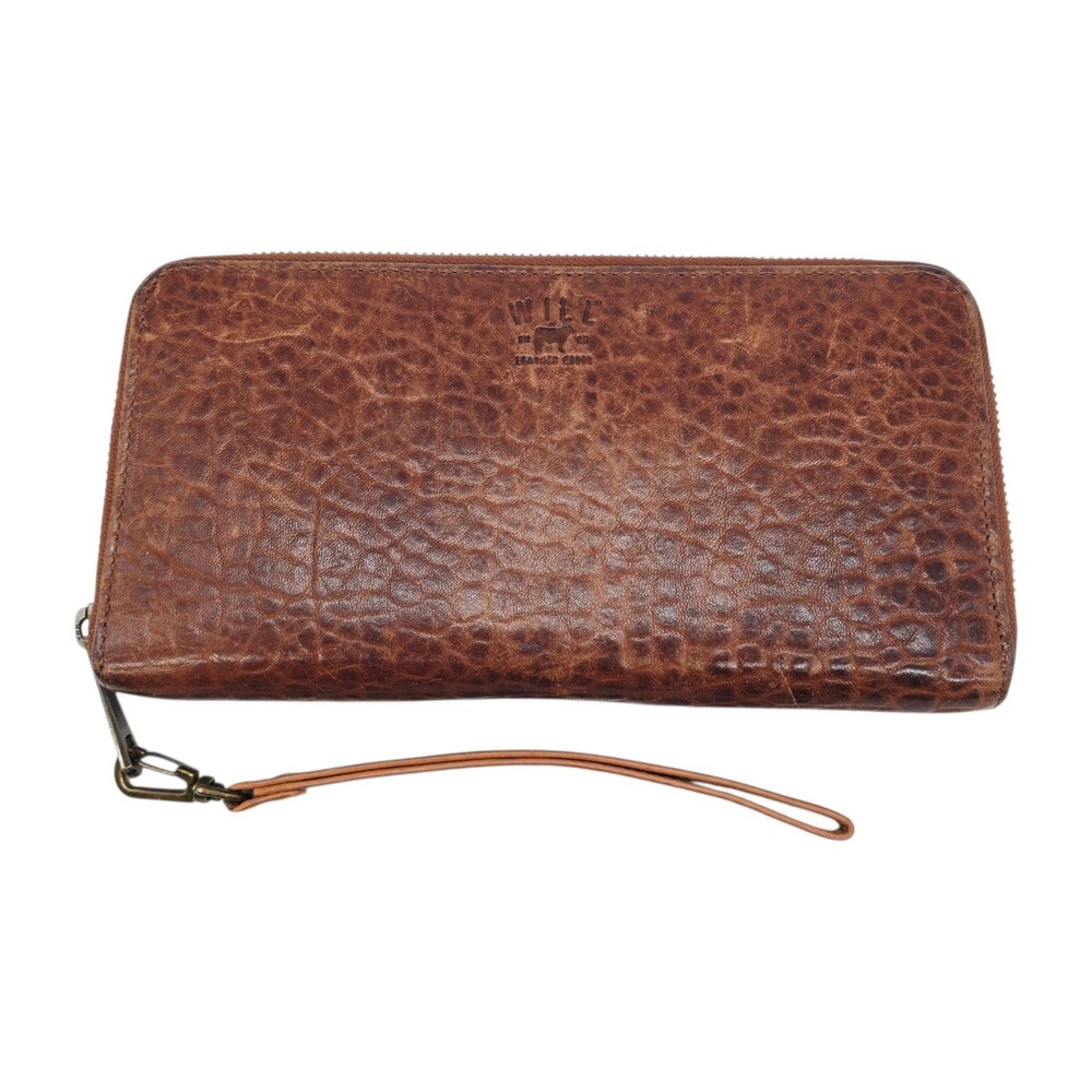 Will Leather Goods Travel Wallet Brown Leather Zip Around Clutch Wristlet